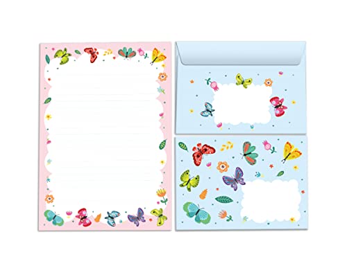 Briefblock mit Umschlag für Kinder Schmetterlinge Briefpapier-Set für Mädchen (Block A5 mit 25 Blätter + 15 Umschläge) von Junapack