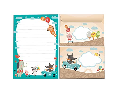 Briefblock mit Umschlag für Kinder Tiere Elefant Wolf Affe Panda Katze Briefpapier-Set (Block A5 mit 25 Blätter + 15 Umschläge) von Junapack