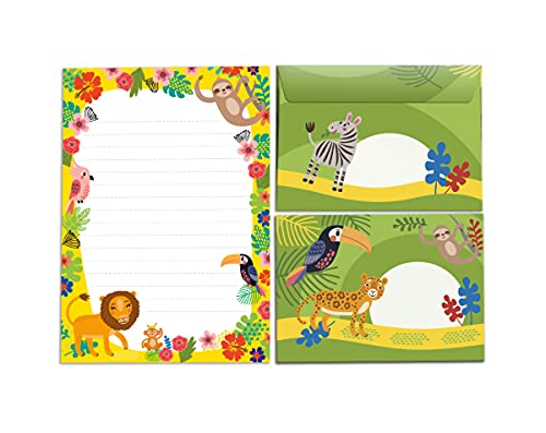Briefblock mit Umschlag für Kinder Tiere Faultier Papagei Löwe Affe Briefpapier-Set (Block A5 mit 25 Blätter + 15 Umschläge) von Junapack