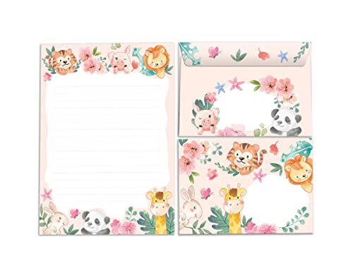 Briefblock mit Umschlag für Kinder Tiere Panda Löwe Giraffe Tiger Briefpapier-Set für Mädchen und Jungen (Block A5 mit 25 Blätter + 15 Umschläge) von Junapack
