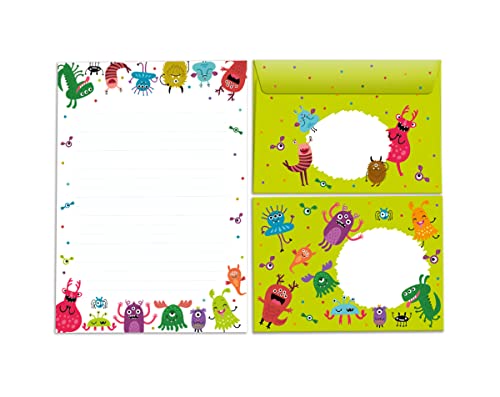 Briefblock mit Umschlag für Kinder lustige Monster Briefpapier-Set (Block A5 mit 25 Blätter + 15 Umschläge) von Junapack