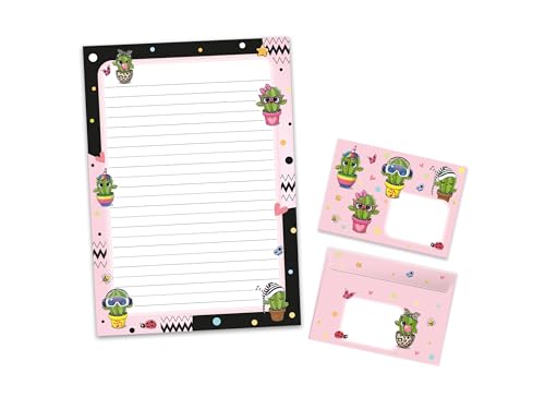 Briefpapier-Set Briefblock mit Umschlag für Jungen Mädchen Kinder lustige Kakteen Kaktus (Block A4 mit 25 Blätter + 15 Umschläge) von Junapack