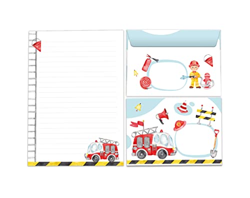 Briefpapier-Set Briefblock mit Umschlag für Kinder Feuerwehrauto Feuerwehr Kindermotiv Jungen (Block A5 mit 25 Blätter + 15 Umschläge) von Junapack