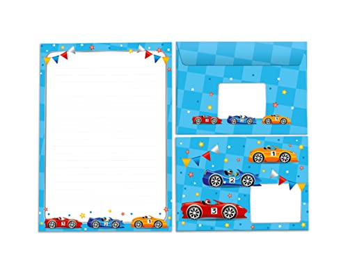 Briefpapier-Set Briefblock mit Umschlag für Kinder Rennauto Auto für Jungen Jungs (Block A5 mit 25 Blätter + 15 Umschläge) von Junapack