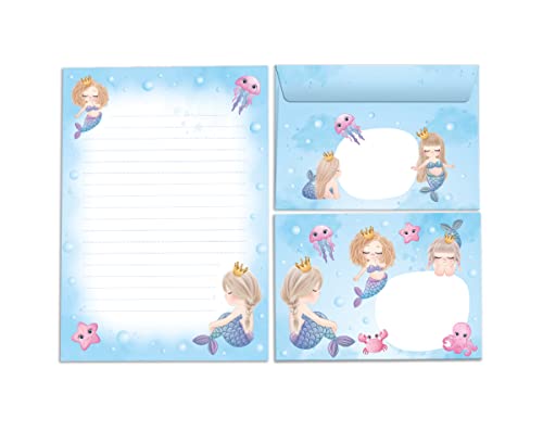 Briefpapier-Set für Mädchen Meerjungfrau Briefblock mit Umschlag für Kinder (Block A5 mit 25 Blätter + 15 Umschläge) von Junapack