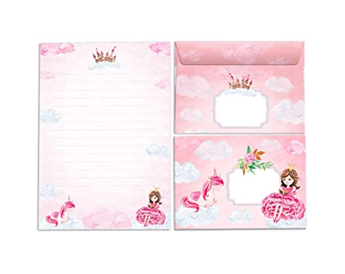 Briefpapier-Set für Mädchen Prinzessin mit Einhorn Briefblock mit Umschlag für Kinder (Block A5 mit 25 Blätter + 15 Umschläge) von Junapack