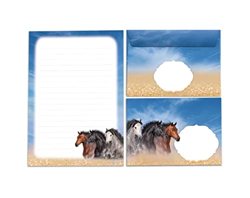 Briefpapier-Set für Mädchen drei Pferde Briefblock mit Umschlag für Kinder (Block A5 mit 25 Blätter + 15 Umschläge) von Junapack