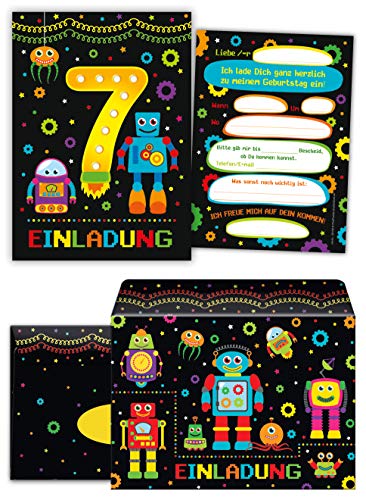 12 Einladungskarten incl. 12 Umschläge zum 7. Kindergeburtstag siebte Geburtstag Jungen Jungs Robot Roboter von Junaversum
