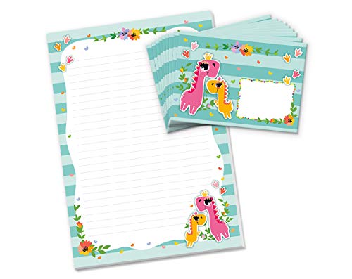 Briefblock mit Umschlag Dinosaurier für Kinder Briefpapier-Set für Mädchen (Block A4 mit 25 Blätter + 15 Umschläge) von Junaversum