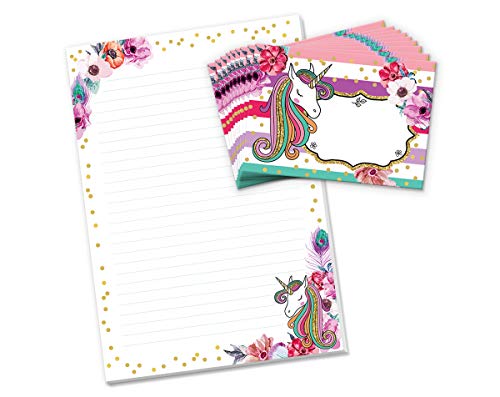 Briefblock mit Umschlag Einhorn Blumen für Kinder Briefpapier-Set (Block A4 mit 25 Blätter + 15 Umschläge) von Junaversum