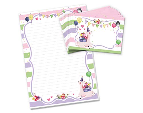 Briefblock mit Umschlag Lama für Kinder Briefpapier-Set für Mädchen (Block A4 mit 25 Blätter + 15 Umschläge) von Junaversum