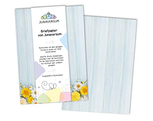 Briefpapier Blumen Holz blau Motivpapier für Briefe Einladungen Hochzeit Geburtstag 90 g/qm DIN A4 (50 Blätter) von Junaversum