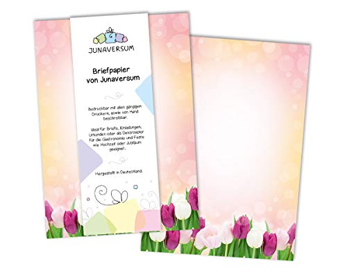 Briefpapier Blumen Tulpen rosa Ostern Motivpapier für Einladungen Hochzeit Geburtstag 90 g/qm DIN A4 (50 Blätter) von Junaversum