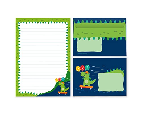 Briefpapier-Set Briefblock mit Umschlag für Jungen Mädchen Kinder Dino Dinosaurier (Block A5 mit 25 Blätter + 15 Umschläge) von Junaversum
