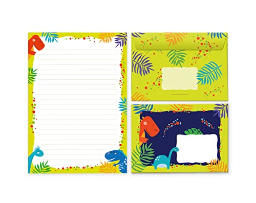 Briefpapier-Set Briefblock mit Umschlag für Jungen Mädchen Kinder Dino Dinosaurier (Block A5 mit 25 Blätter + 15 Umschläge) von Junaversum