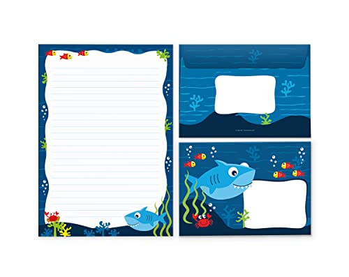 Briefpapier-Set Briefblock mit Umschlag für Jungen Mädchen Kinder Hai (Block A5 mit 25 Blätter + 15 Umschläge) von Junaversum