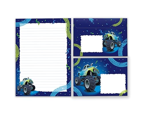 Briefpapier-Set Briefblock mit Umschlag für Kinder Jungen Auto Monster-Truck Kindermotiv Jungs (Block A5 mit 25 Blätter + 15 Umschläge) von Junaversum