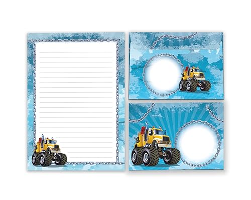 Briefpapier-Set Briefblock mit Umschlag für Kinder Jungen Monster-Truck Auto Kindermotiv Jungs (Block A5 mit 25 Blätter + 15 Umschläge) von Junaversum