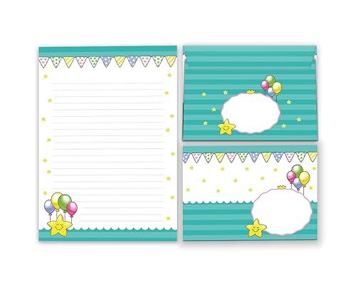 Briefpapier-Set Briefblock mit Umschlag für Kinder Sterne Luftballons Kindermotiv Mädchen (Block A5 mit 25 Blätter + 15 Umschläge) von Junaversum