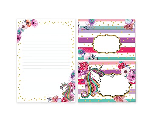 Briefpapier-Set Briefblock mit Umschlag für Mädchen Kindermotiv Einhorn (Block A5 mit 25 Blätter + 15 Umschläge) von Junaversum