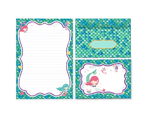Briefpapier-Set Briefblock mit Umschlag für Mädchen Kindermotiv Meerjungfrau (Block A5 mit 25 Blätter + 15 Umschläge) von Junaversum