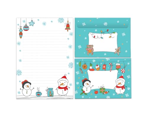 Briefpapier-Set für Weihnachten Blöcke Schneemänner Umschläge Kindermotiv für Mädchen Jungen Weihnachtsbriefpapier Weihnachtspapier Brief an Weihnachtsmann (Block A5 mit 25 Blätter + 15 Umschläge) von Junaversum