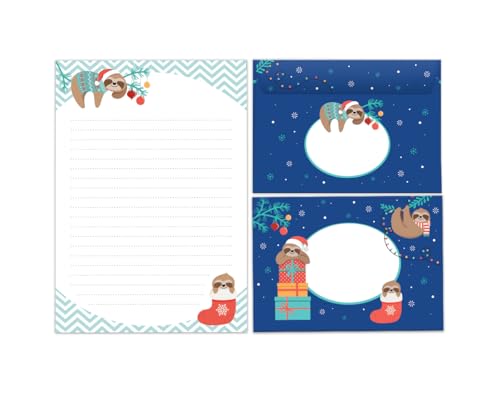 Briefpapier-Set für Weihnachten Faultier hellgrün Blöcke Umschläge Kindermotiv für Mädchen Jungen Weihnachtsbriefpapier Weihnachtspapier Brief Weihnachtsmann (Block A5 mit 25 Blätter + 15 Umschläge) von Junaversum