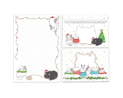 Briefpapier-Set für Weihnachten drei Katzen Blöcke Umschläge Kindermotiv für Mädchen Jungen Weihnachtsbriefpapier Weihnachtspapier Brief Weihnachtsmann (Block A5 mit 25 Blätter + 15 Umschläge) von Junaversum