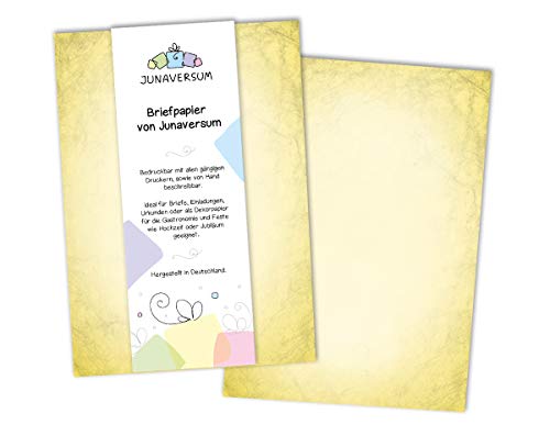 Briefpapier Vintage gelb Motivpapier für Einladungen Urkunden Hochzeit Geburtstag 90 g/qm DIN A4 (20 Blätter) von Junaversum