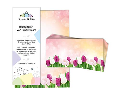 Briefpapier mit Umschlag Briefpapier-Set Blumen Tulpen rosa Ostern Motivpapier für Einladungen Hochzeit (10 Blätter + 10 Umschläge) von Junaversum