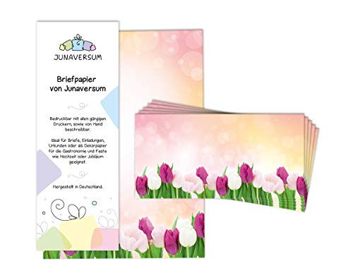 Briefpapier mit Umschlag Briefpapier-Set Blumen Tulpen rosa Ostern Motivpapier für Einladungen Hochzeit (50 Blätter + 50 Umschläge) von Junaversum