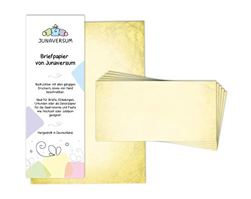 Briefpapier mit Umschlag Briefpapier-Set Vintage gelb Motivpapier für Einladungen Hochzeit Urkunden (20 Blätter + 20 Umschläge) von Junaversum
