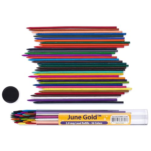 June Gold 36 Coloured Lead Refills, 2.0 mm Extra Bold, 90 mm Tall, Pre-Sharpened, Break & Smudge Resistant von June Gold
