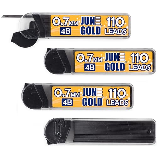 June Gold 440 Stück, 0,7 mm 4B Minen Nachfüller, 110 Stück pro Tube, mittlere Dicke, bruchfeste Mine/Graphit (4 Spender) von June Gold