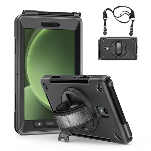 Junfire Panzerhülle Robuste für Samsung Galaxy Tab Active 5 2024 / Tab Active 3 2020 8 Zoll, hülle stoßfest mit Handschlaufe, Schultergurt, 360° Drehbarer Ständer und Stifthalter - Schwarz von Junfire