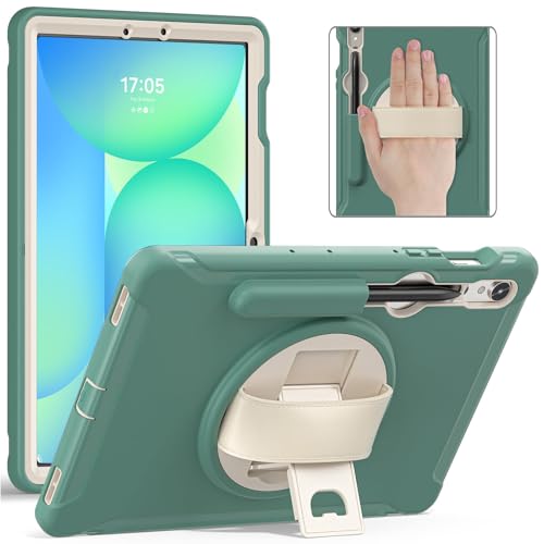 Junfire Schutzhülle für Galaxy Tab S10 FE 2025/S9 FE 5G mit Stylus-Halter, Samsung Tab S9/S8/S7 11 Zoll stoßfeste Abdeckung mit 360° drehbarem Ständer/Handschlaufe, Grün von Junfire
