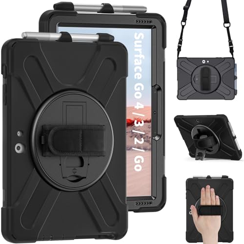 Junfire Panzerhülle Silikon für Microsoft Surface Go 4/Surface Go 3/Surface Go 2/Surface Go, Hülle Stoßfest und Robust mit 360 Grad Drehbar Stände, Handschlaufe, Schultergurt und Stifthalter-Schwarz von Junfire