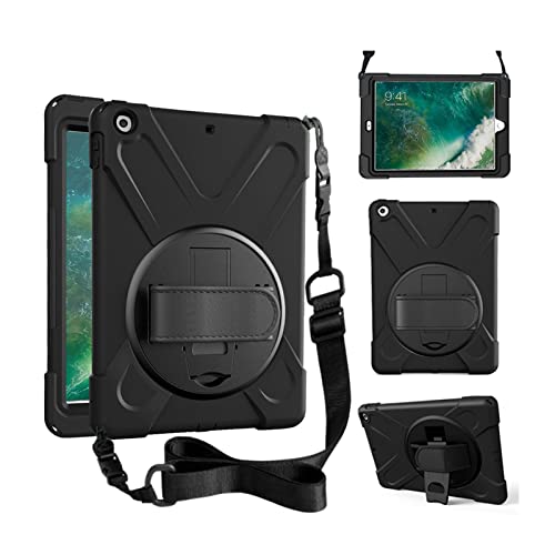 Neues iPad 9,7 2017 2018 Hülle, 360 Grad drehbar mit Kickstand, Handgurt und Schultergurt Gehäuse, 3-Schicht-Hybrid-SchwerLast-Schock-Gehäuse für iPad 9,7 5./6. Generation (schwarz) von zenrich