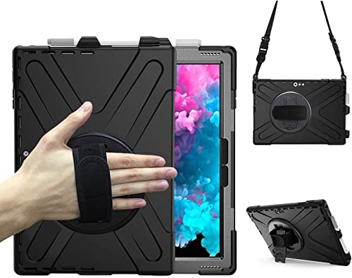Junfire Panzerhülle Silikon für Microsoft Surface Pro 7 Plus/Pro 7/Pro 6/Pro 5 12,3 Zoll, Hülle Stoßfest und Robust mit 360 Grad Drehbar Stände, Handschlaufe, Schultergurt und Stifthalter-Schwarz von Junfire