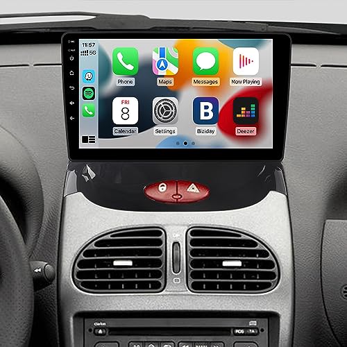 JUNHUA 9 Zoll Schwarz Android 11 2GB+32GB Wireless Carplay Android Auto Autoradio Navigation für Peugeot 206/206 CC 1999-2009 Uterstützt DSP Bluetooth WiFi 4G USB von Junhua