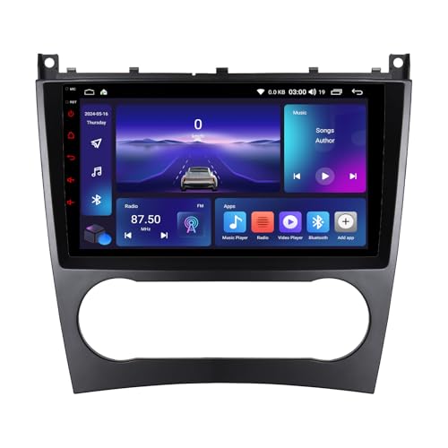 JUNHUA W203 Autoradio mit Wireless CarPlay & Android Auto – 9 Zoll HD Auto Bildschirm, GPS WiFi Navigation, Bluetooth 5.0, Lenkradsteuerung, DSP – Kompatibel mit Mercedes-Benz C-Class W203 (2004-2007) von Junhua