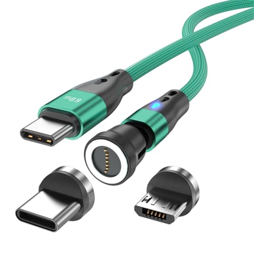 Magnetisches Ladekabel USB C auf USB Type C/Micro USB Magnetkabel PD 60W Schnellladung 1M/2M 540° Drehung 2-in-1 Magnet USB kabel für Android Micro USB Type C Smartphone Tablette Laptop(1m grün) von Junichi