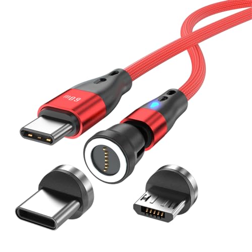 Magnetisches Ladekabel USB C auf USB Type C/Micro USB Magnetkabel PD 60W Schnellladung 1M/2M 540° Drehung 2-in-1 Magnet USB kabel für Android Micro USB Type C Smartphone Tablette Laptop(1m rot) von Junichi