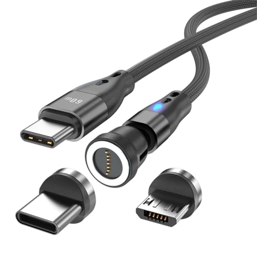 Magnetisches Ladekabel USB C auf USB Type C/Micro USB Magnetkabel PD 60W Schnellladung 1M/2M 540° Drehung 2-in-1 Magnet USB kabel für Android Micro USB Type C Smartphone Tablette Laptop(2m schwarz) von Junichi