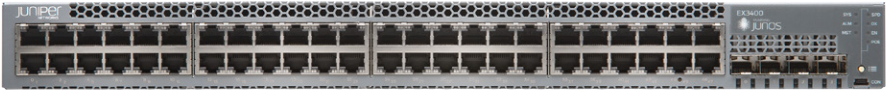 EX3400 48-port 10/100/1000BaseT, 4 x 1/10G SFP/SFP+, 2 x 40G QSFP+, redundant fans, back-to-front airflow, 1 AC PSU JPSU-150-AC-AFIincluded (optics sold separately) (EX3400-48T-AFI) von Juniper
