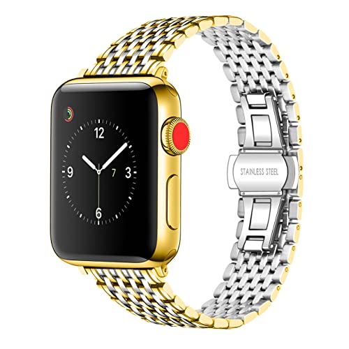 Juntan Compatible for Apple Watch 38mm 40mm 41m iWatch SE Apple Watch Series 9 8 7 6 5 4 3 2 1 Sport Edelstahl Armband Frauen Männer Silber Gold (Silberadapter) von Juntan