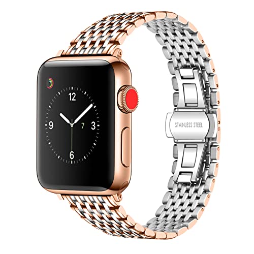 Juntan Compatible for Apple Watch 42mm 44mm 45mm 49mm Edelstahl Armband für Frauen Männer iWatch Series 9 8 7 6 SE 5 4 3 2 1 Sport Silber Roségold (Silberadapter) von Juntan