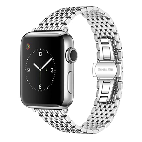 Juntan Edelstahl Armband Compatible for iWatch 42mm 44mm 45mm 49mm Apple Watch Series 9 8 7 6 SE 5 4 3 2 1 Sport Uhrenarmband für Frauen Männer Poliert Silber von Juntan