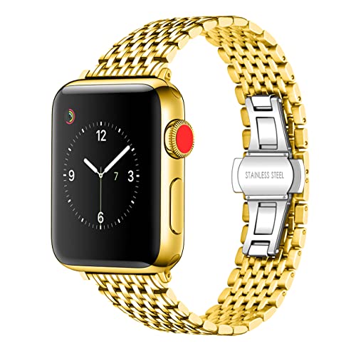 Juntan Edelstahl Uhrenarmbänder Compatible for Apple Watch 42mm 44mm 45mm Armband Männer Frauen Compatible for iWatch Series 9 8 7 6 5 4 3 2 1 SE Sport Gold von Juntan