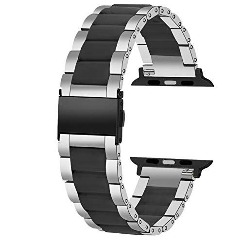 Juntan Edelstahl und Harz Uhrenarmband Ersatz für Apple Watch Band 38 mm 40 mm 42 mm 44 mm (Silber + Schwarz, 38 mm/40 mm) von Juntan